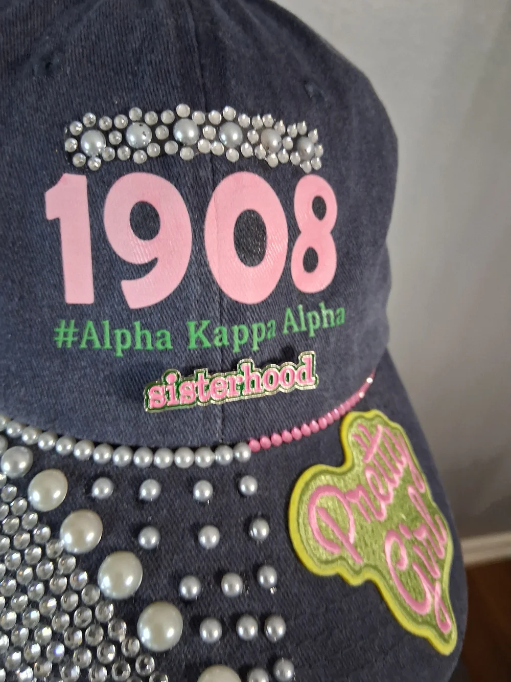 AKA Hand Crafted Navy Alpha Kappa Alpha 1908 Rhinestone Pearl Cap